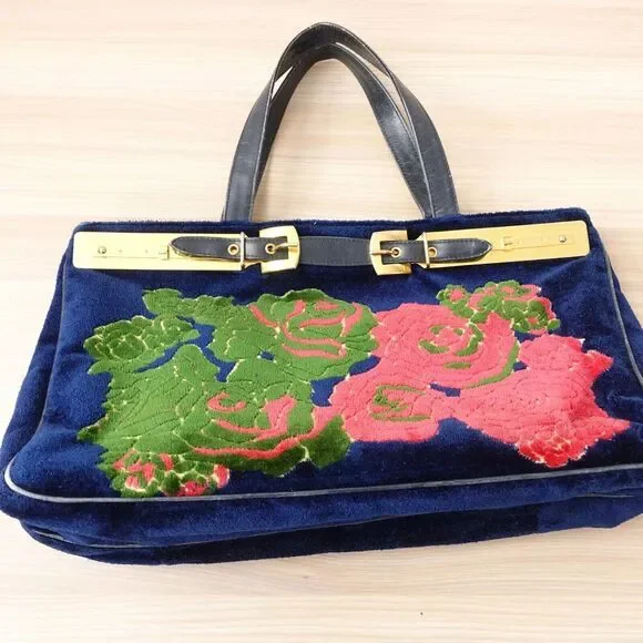 1970s VINTAGE Roberta Di Camerino Bag Flower Navy Devore Gold Belt Bagonghi RARE